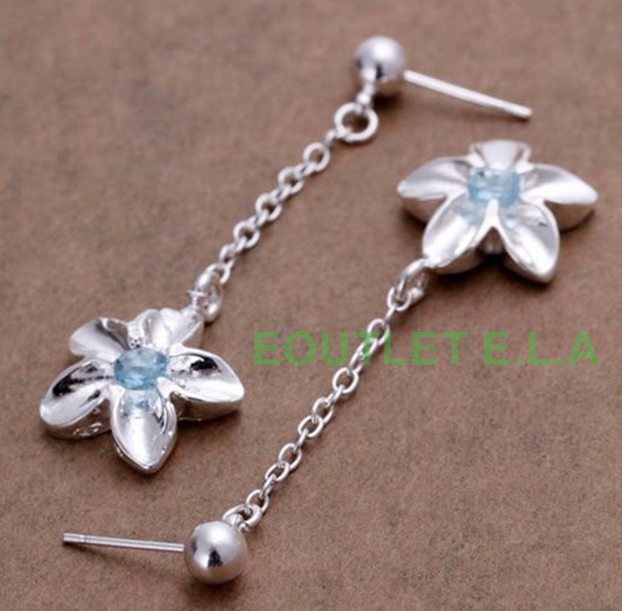 50mm BLUE CZ FLORAL SILVER DANGLE EARRINGS